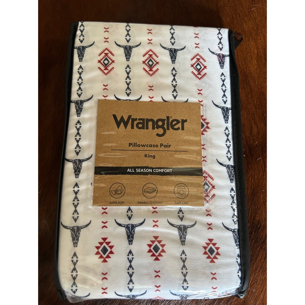 Wrangler King Pillowcase Pair Steer Head Stripe Red White Navy All Season 2pc
